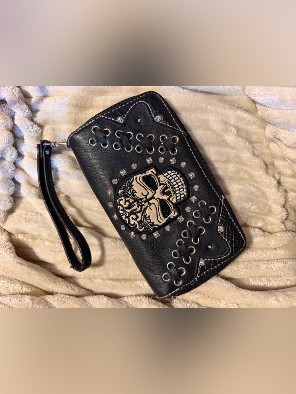 Studded Lace Up Skull Wristlet